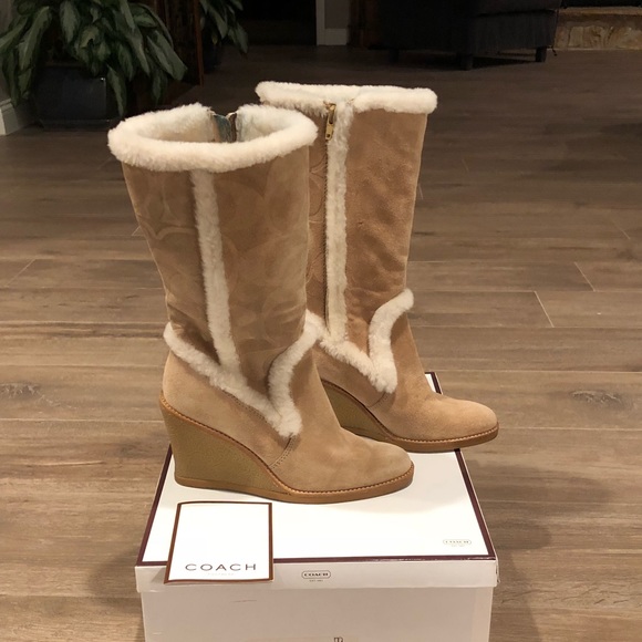 coach wedge fur trimmed high boots size 7.5 - Picture 3 of 4